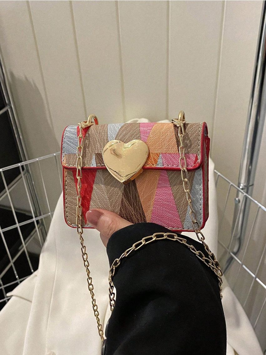 Heart Decor Geometric Pattern Flap Square Bag Fashion Colorblock
