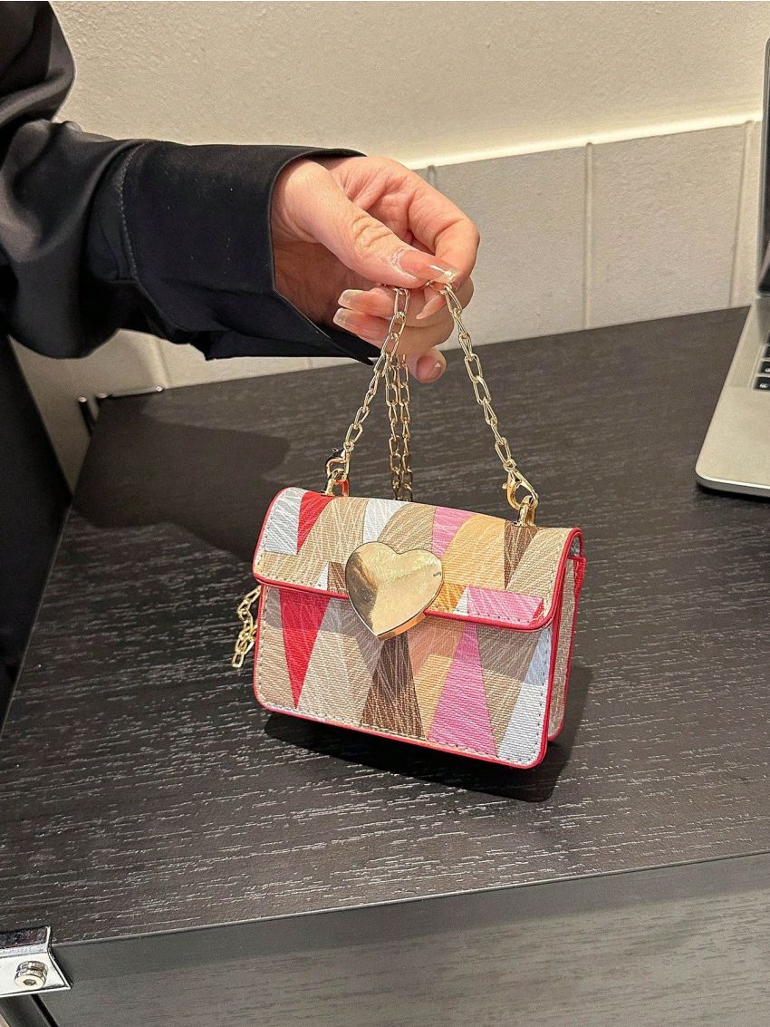 Heart Decor Geometric Pattern Flap Square Bag Fashion Colorblock