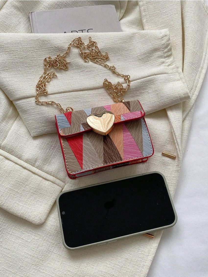 Heart Decor Geometric Pattern Flap Square Bag Fashion Colorblock