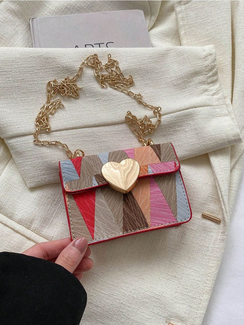 Heart Decor Geometric Pattern Flap Square Bag Fashion Colorblock