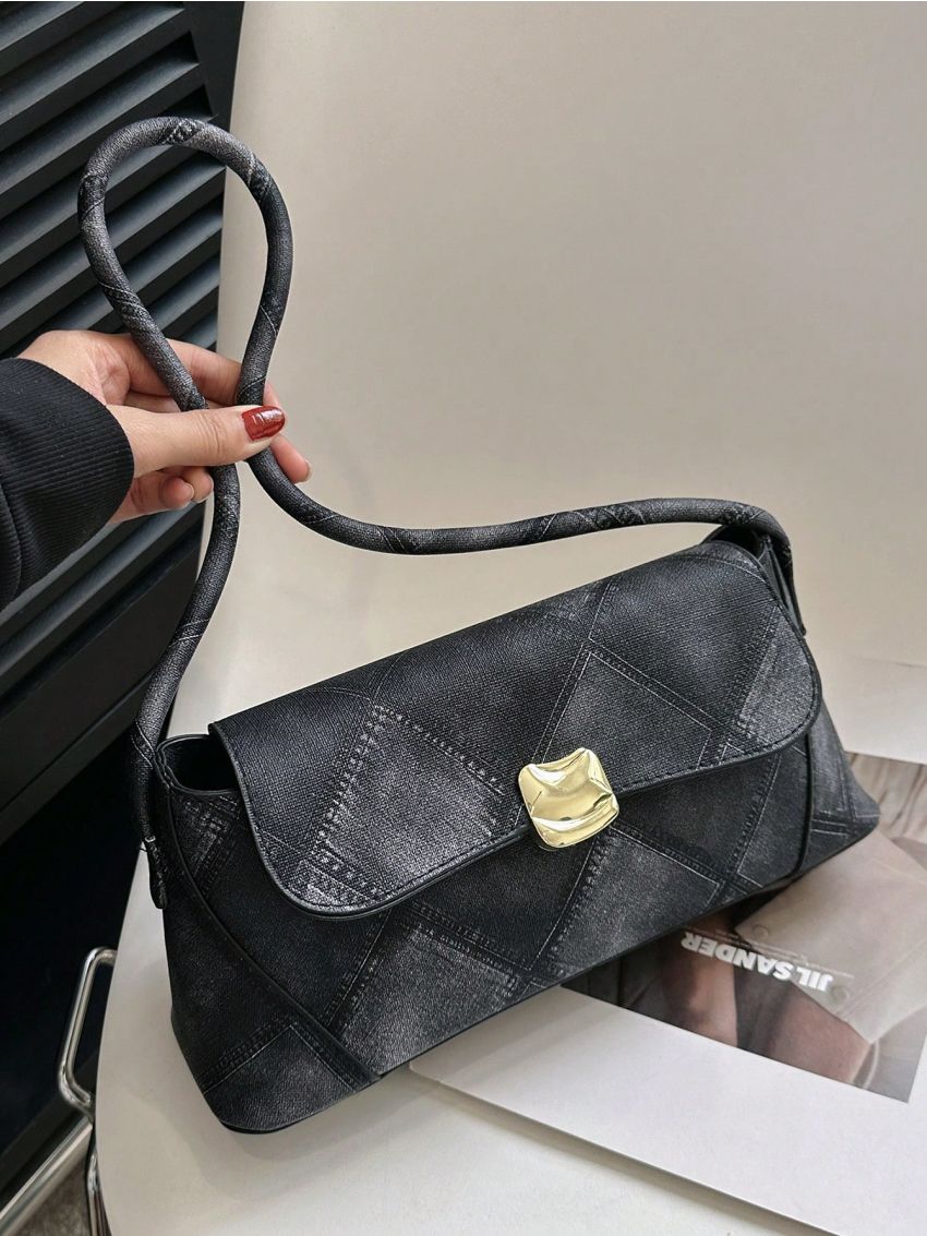 Geometric Embossed Metal Detail Baguette Bag Vintage