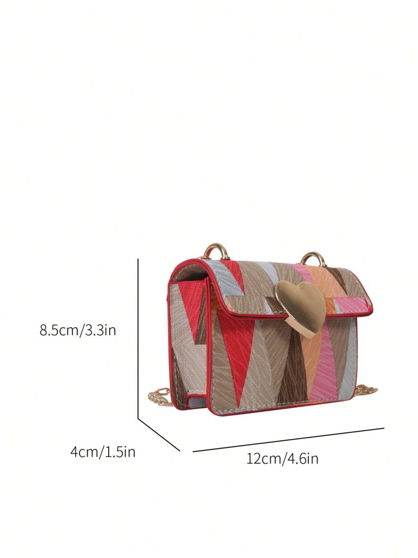 Heart Decor Geometric Pattern Flap Square Bag Fashion Colorblock
