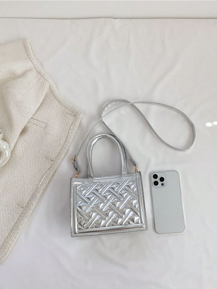 Mini Square Bag Geometric Embossed Double Handle With Zipper Metallic PU Funky