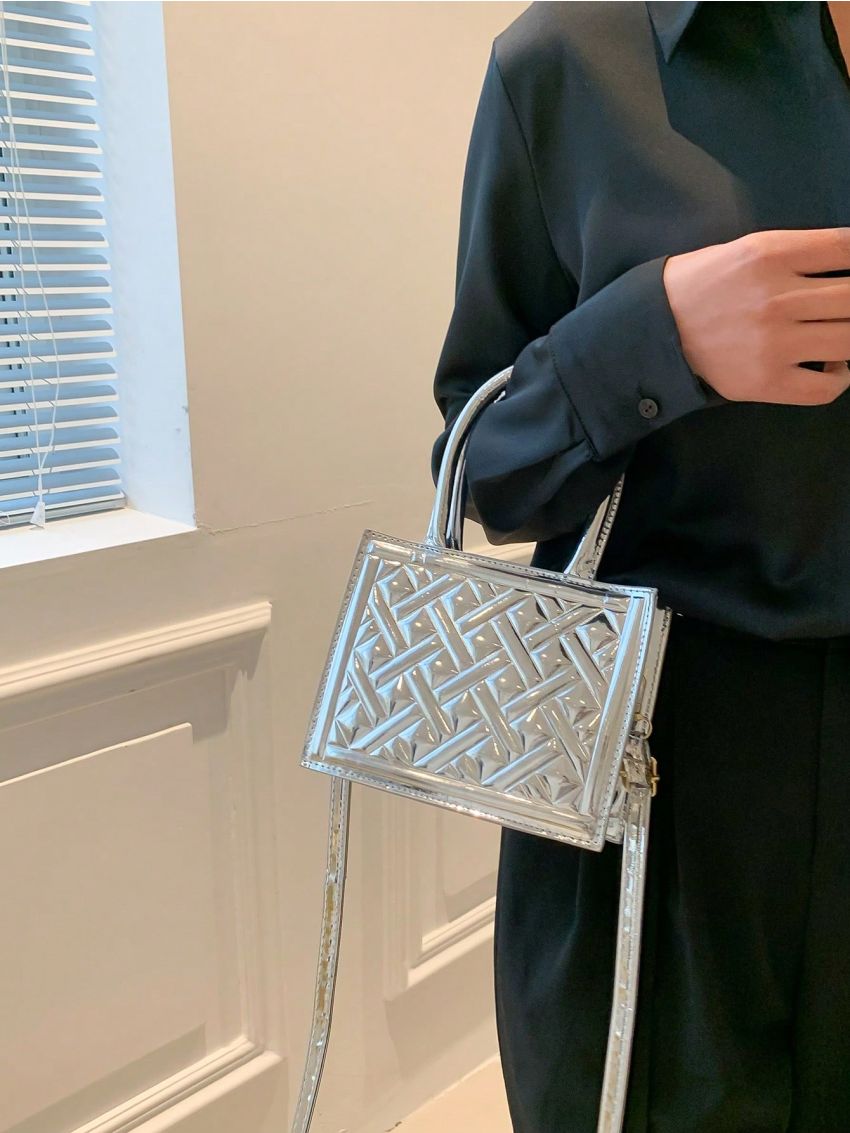 Mini Square Bag Geometric Embossed Double Handle With Zipper Metallic PU Funky