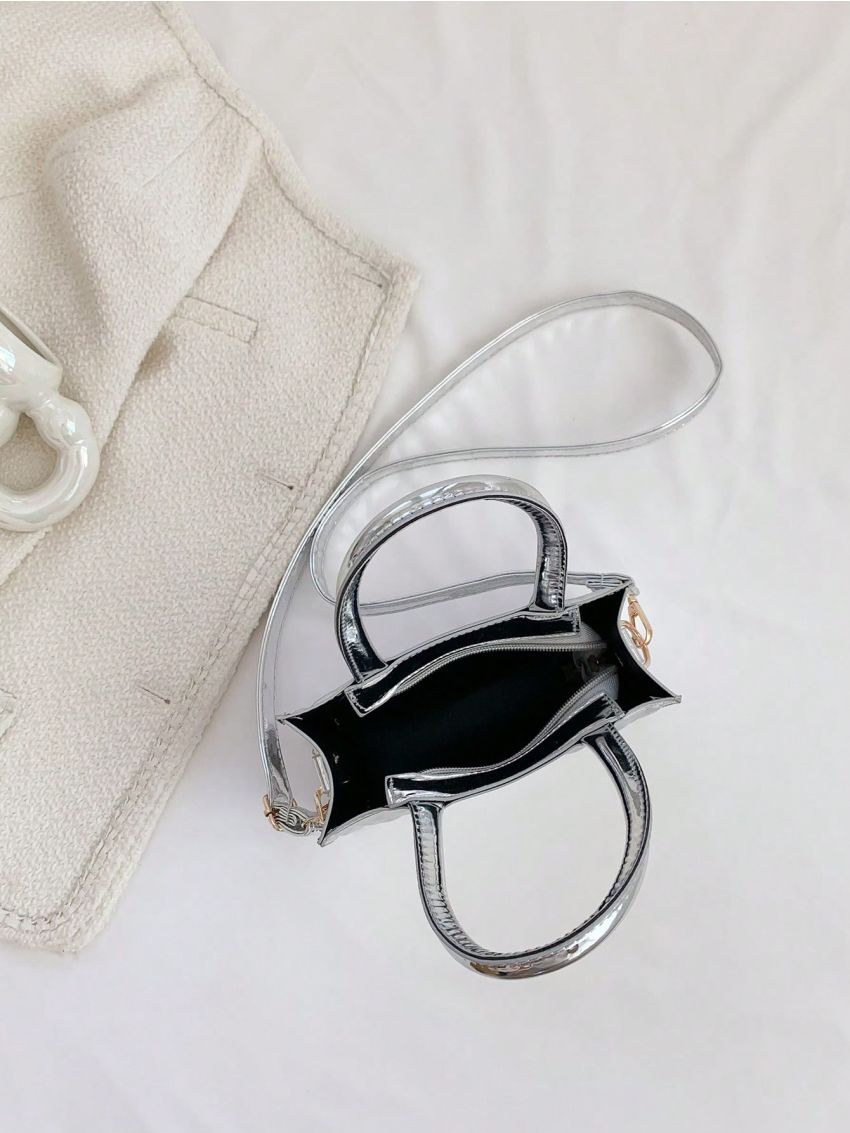 Mini Square Bag Geometric Embossed Double Handle With Zipper Metallic PU Funky