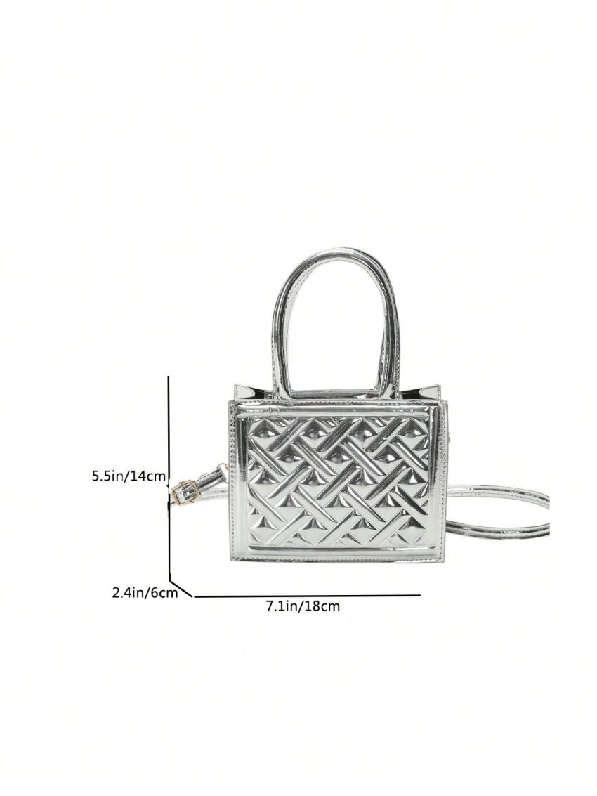 Mini Square Bag Geometric Embossed Double Handle With Zipper Metallic PU Funky