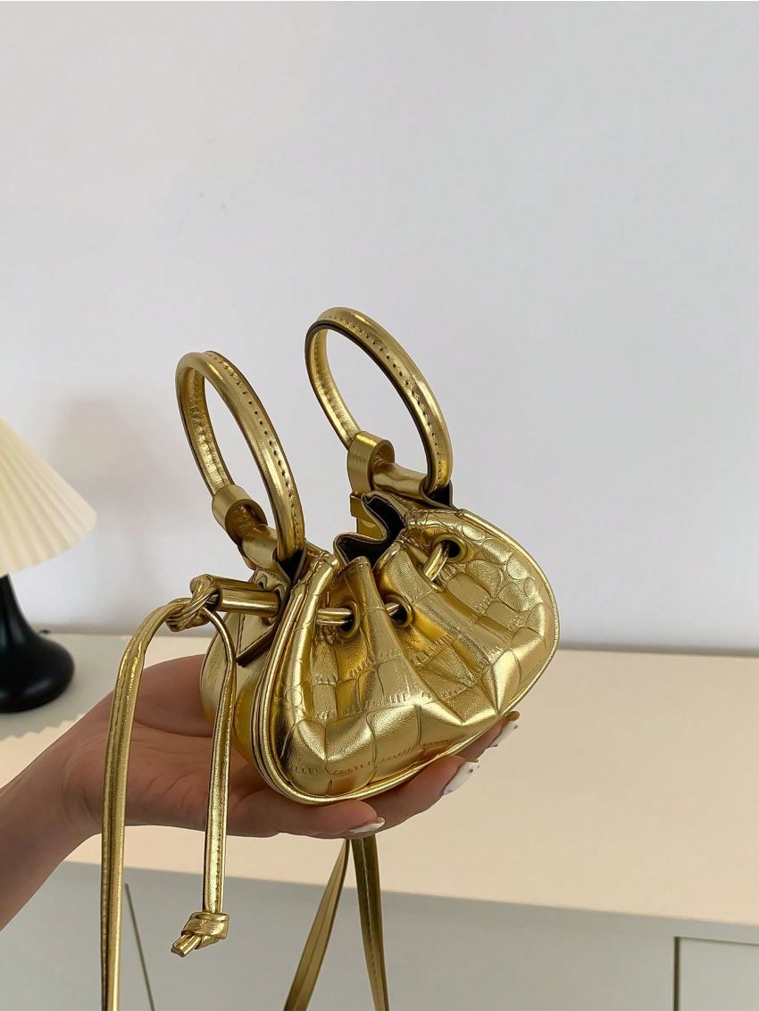 Mini Novelty Bag Crocodile Embossed Drawstring Double Handle Metallic PU Funky