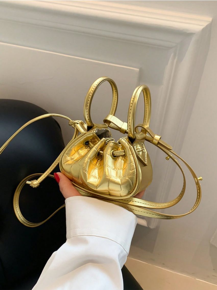 Mini Novelty Bag Crocodile Embossed Drawstring Double Handle Metallic PU Funky