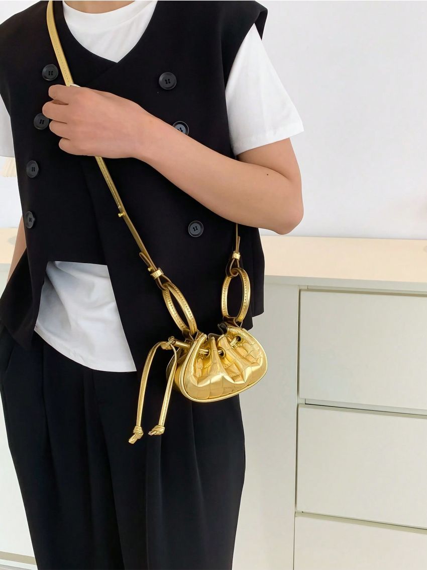 Mini Novelty Bag Crocodile Embossed Drawstring Double Handle Metallic PU Funky