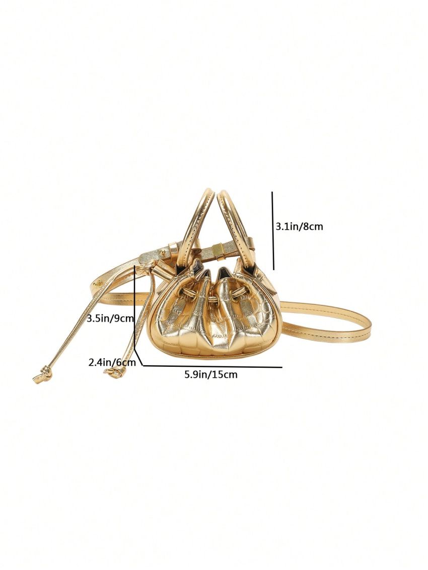 Mini Novelty Bag Crocodile Embossed Drawstring Double Handle Metallic PU Funky