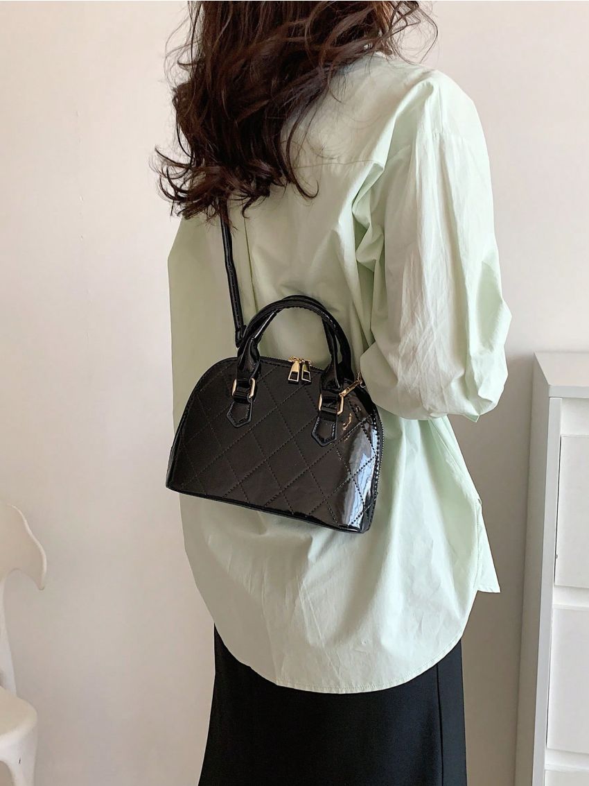 Stitch Detail Dome Bag Double Handle With Zipper Black PU