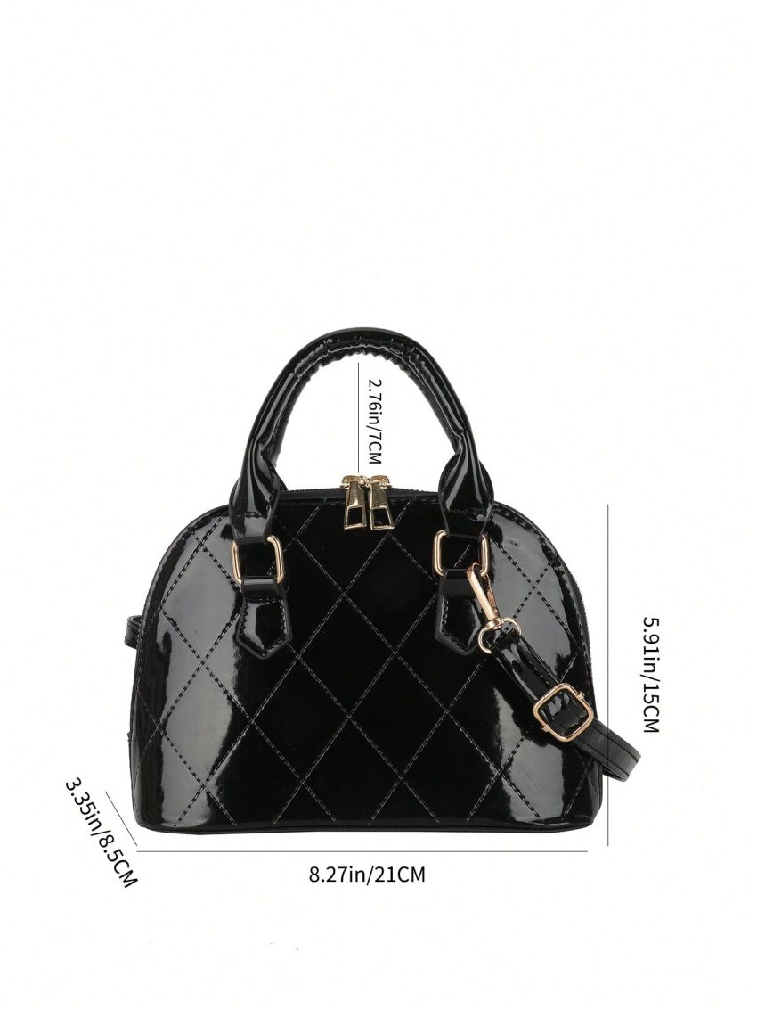 Stitch Detail Dome Bag Double Handle With Zipper Black PU