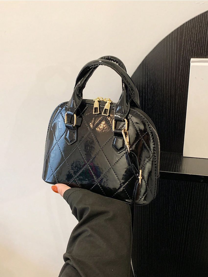 Stitch Detail Dome Bag Double Handle With Zipper Black PU