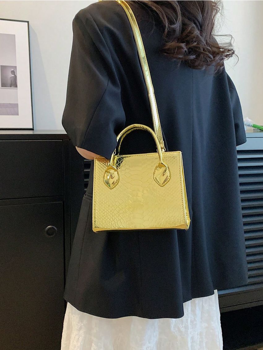 Mini Square Bag Snakeskin Embossed Double Handle With Zipper Black PU