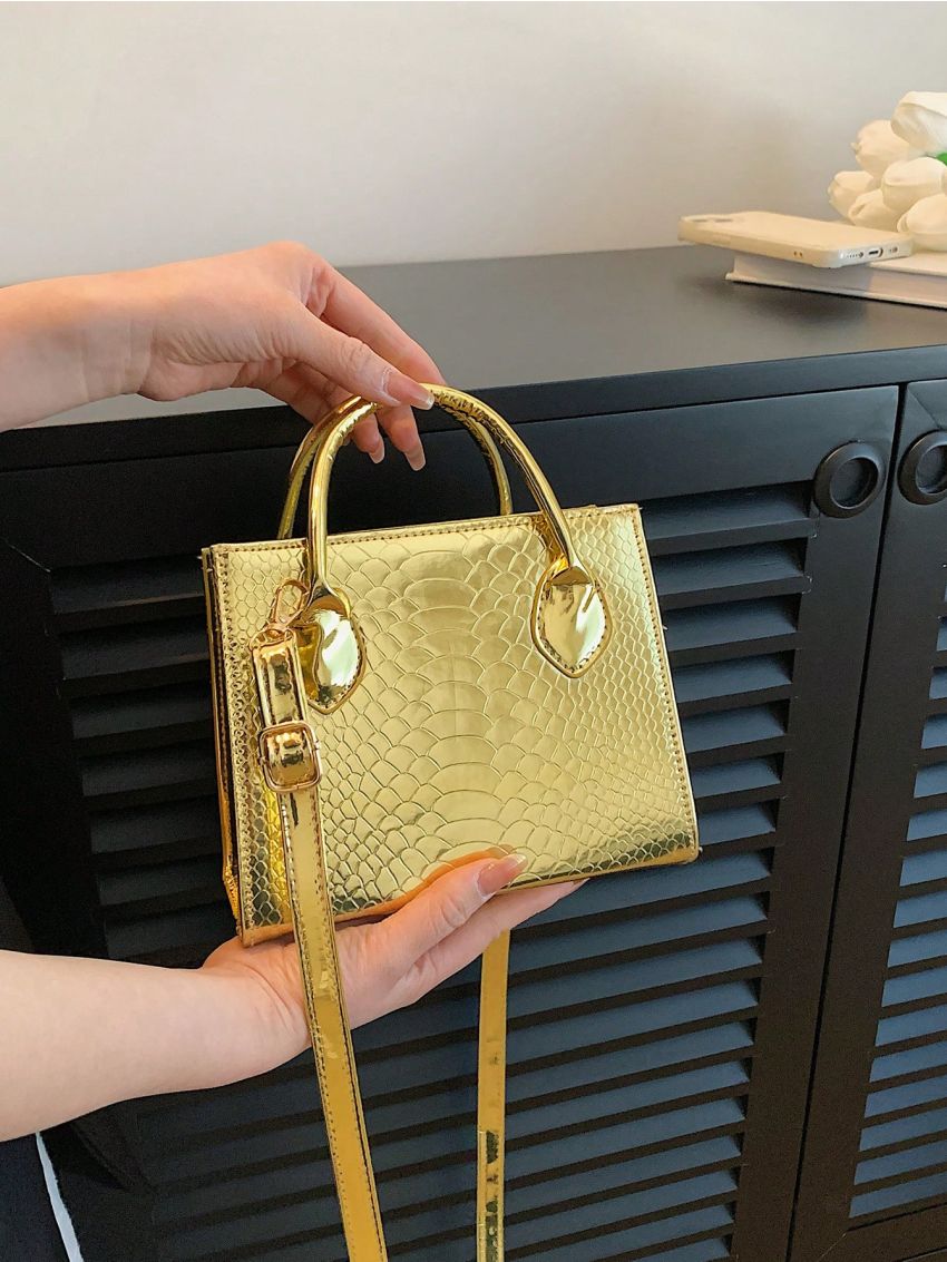 Mini Square Bag Snakeskin Embossed Double Handle With Zipper Black PU