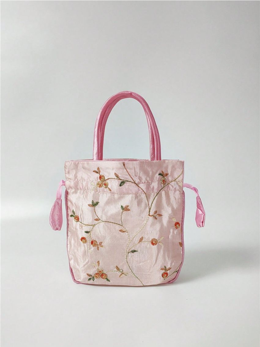 Mini Satchel Bag Random Flower Pattern Drawstring Design Top Handle