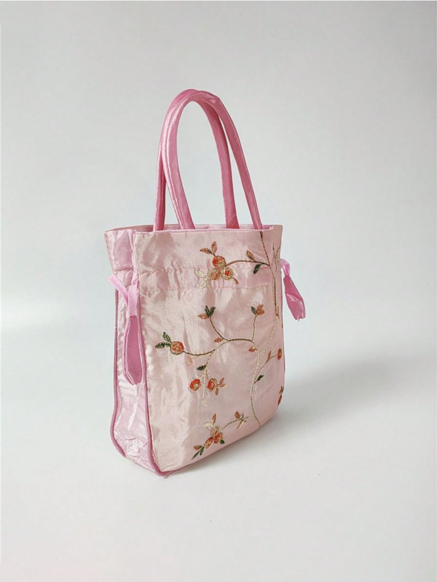 Mini Satchel Bag Random Flower Pattern Drawstring Design Top Handle