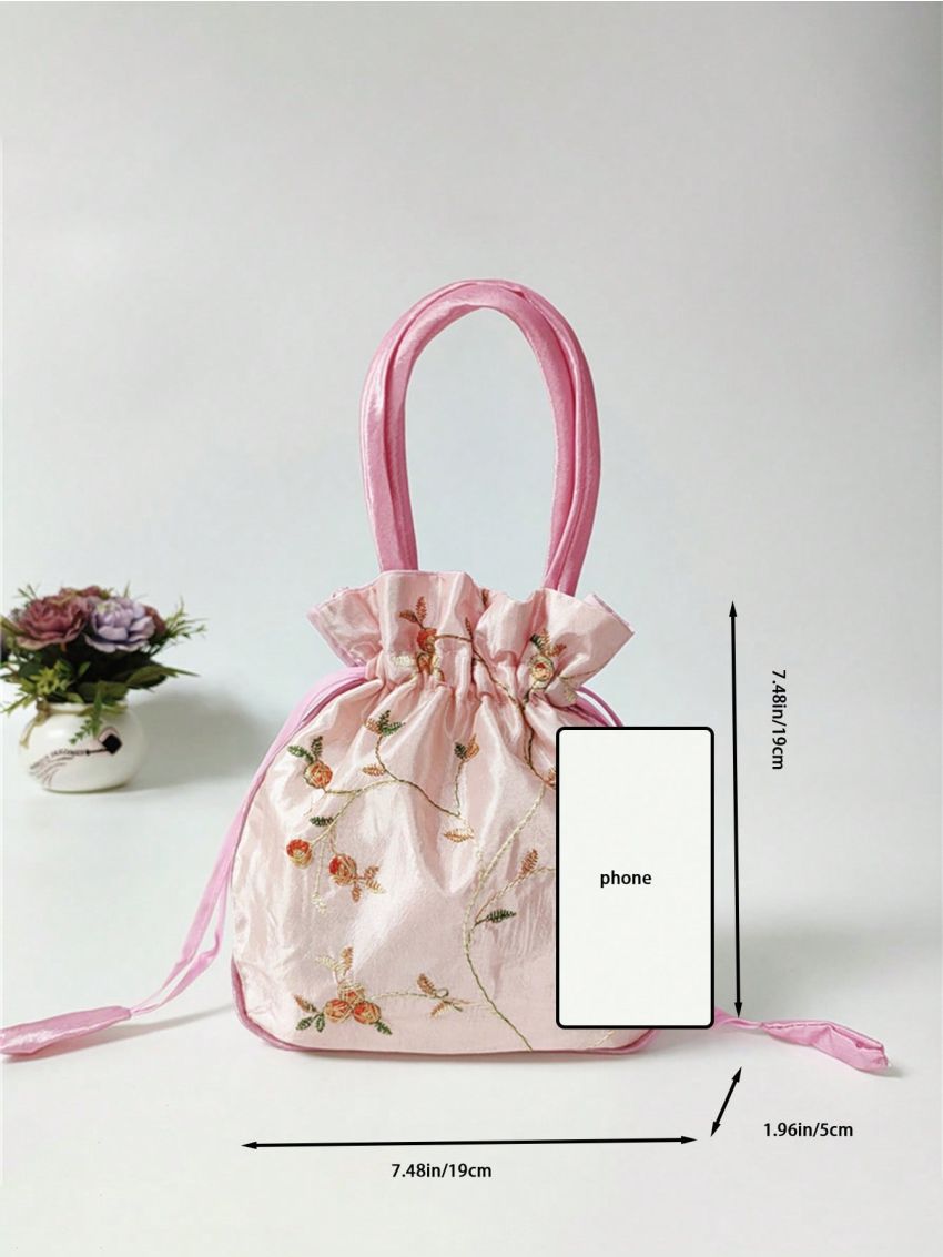Mini Satchel Bag Random Flower Pattern Drawstring Design Top Handle