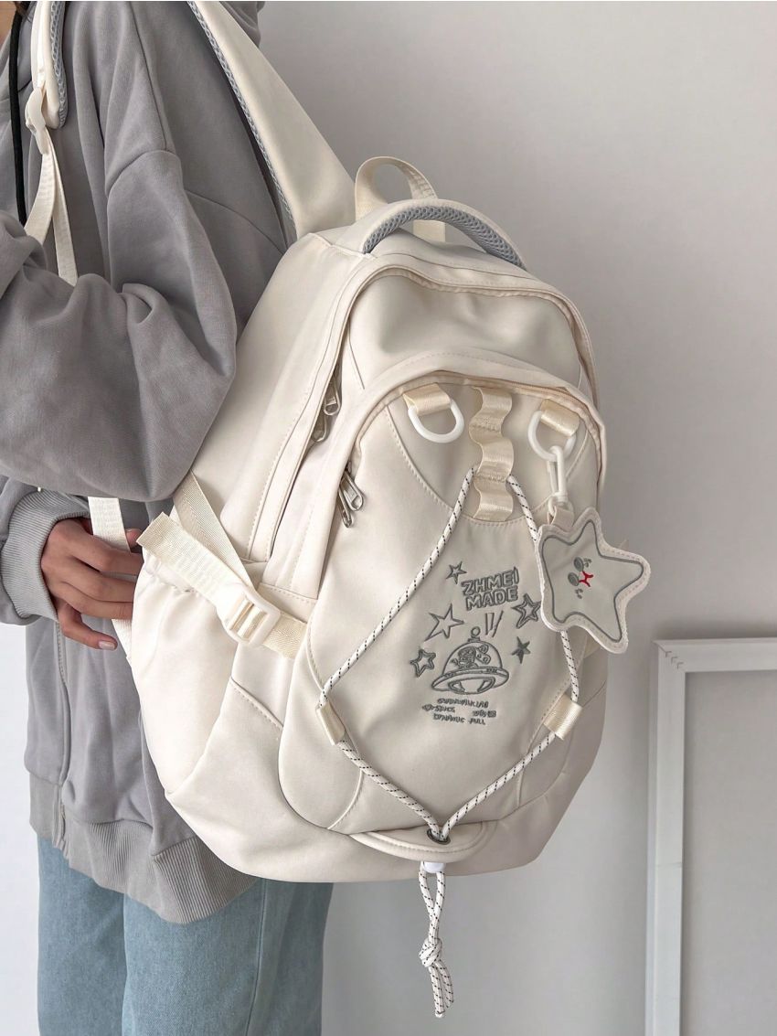 Letter Embroidered Classic Backpack Drawstring Design With Bag Charm