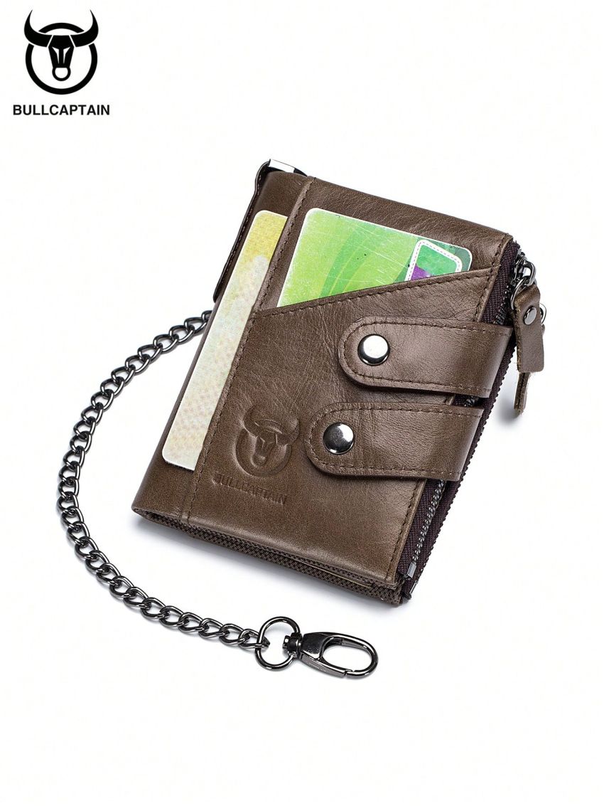 Genuine Leather RFID Wallet Man Vintage Zipper Triple Fold Wallet