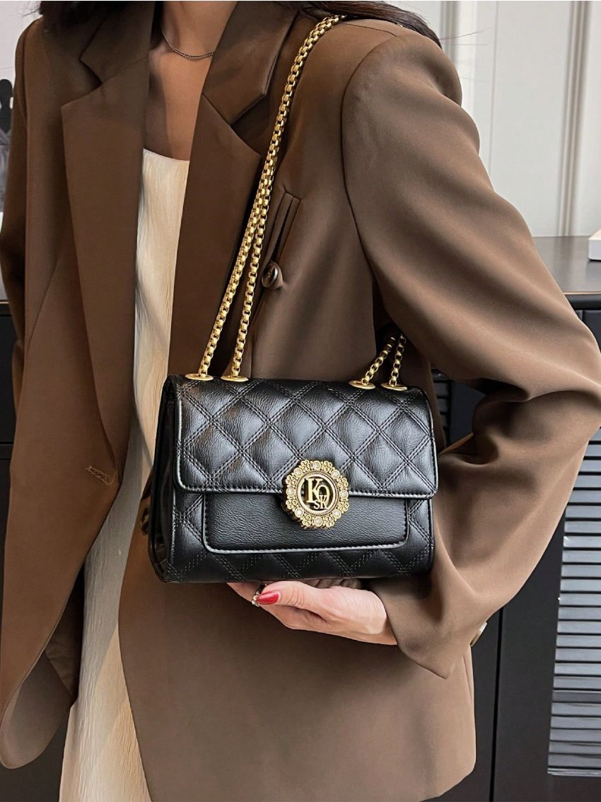 Quilted Square Bag Mini Flap Metal Decor Black