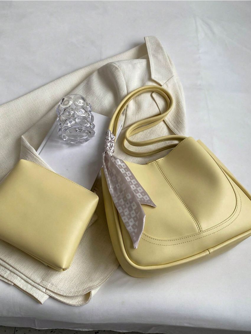 Small Tote Bag Solid Color With Inner Pouch Double Handle