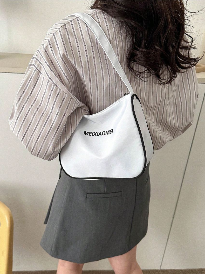 Letter Graphic Hobo Bag Contrast Piping