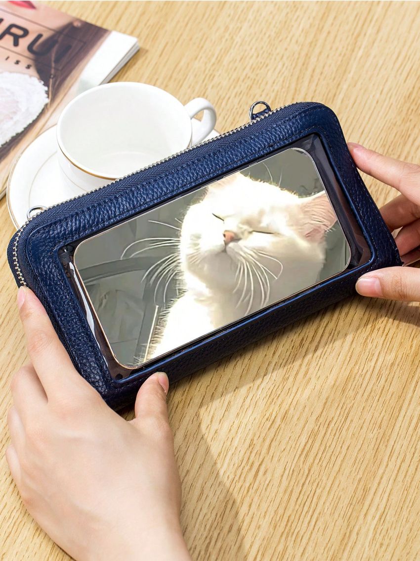 Minimalist Phone Wallet Zipper Genuine Leather Touching Screen Blue Portable