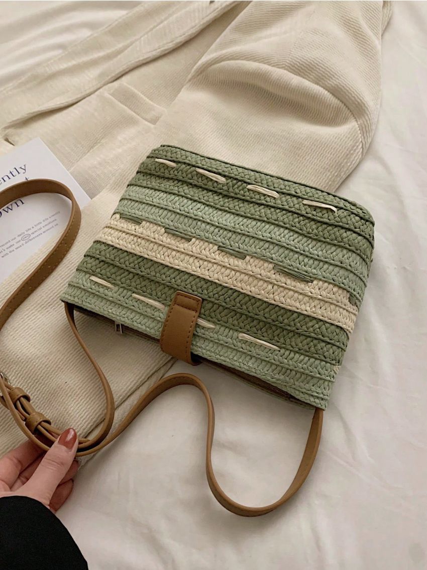 Colorblock Straw Bag Small Zipper Snap Button Vacation