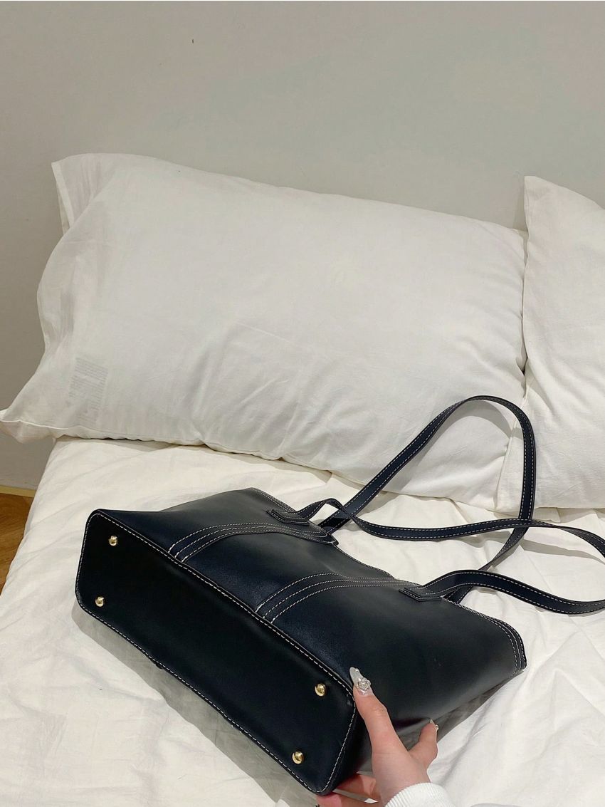 Brown Shoulder Tote Bag Minimalist Stitch Detail Magnet PU