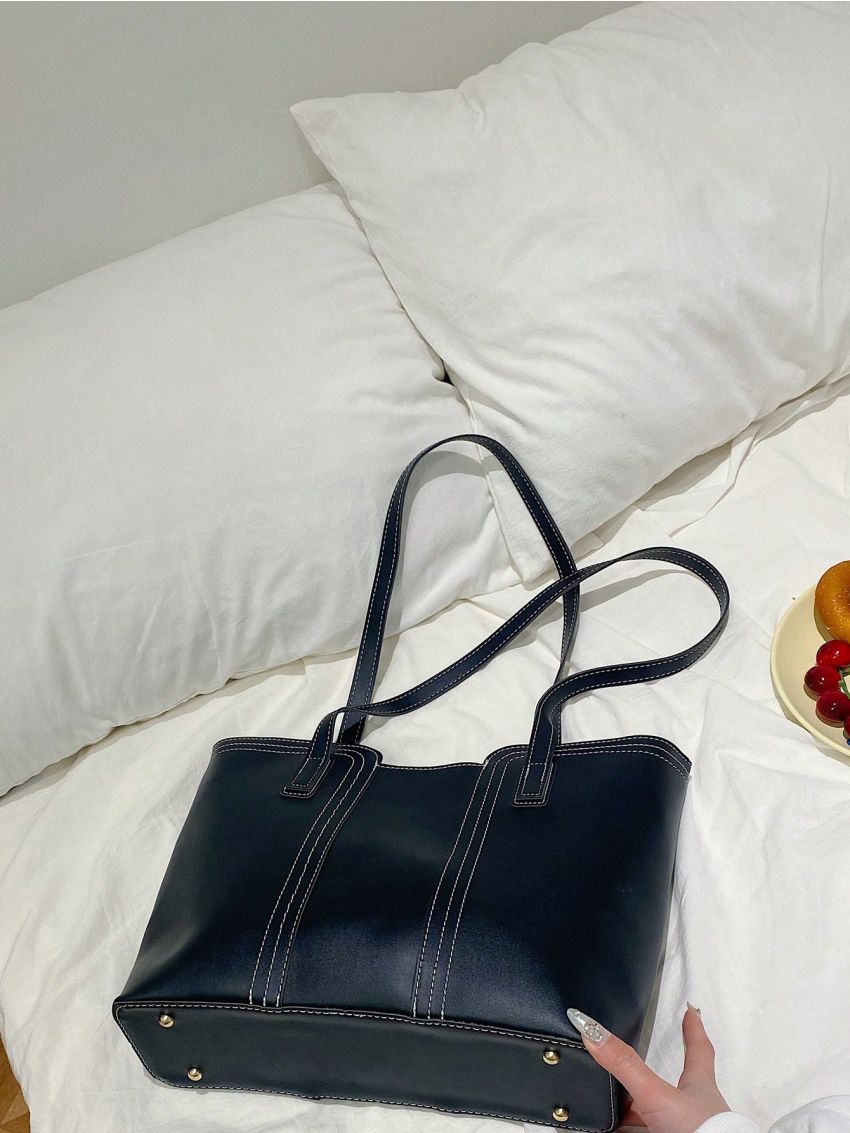 Brown Shoulder Tote Bag Minimalist Stitch Detail Magnet PU