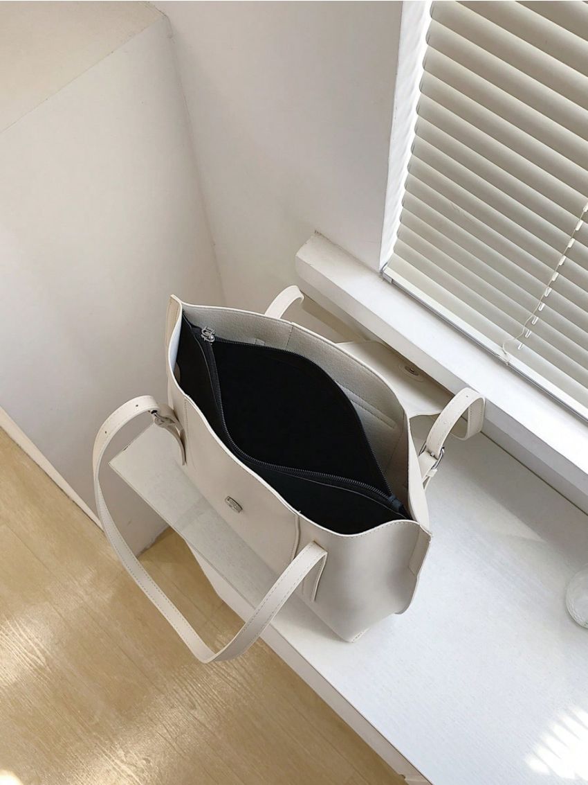 Beige Shoulder Tote Bag Elegant Buckle Decor Magnet PU