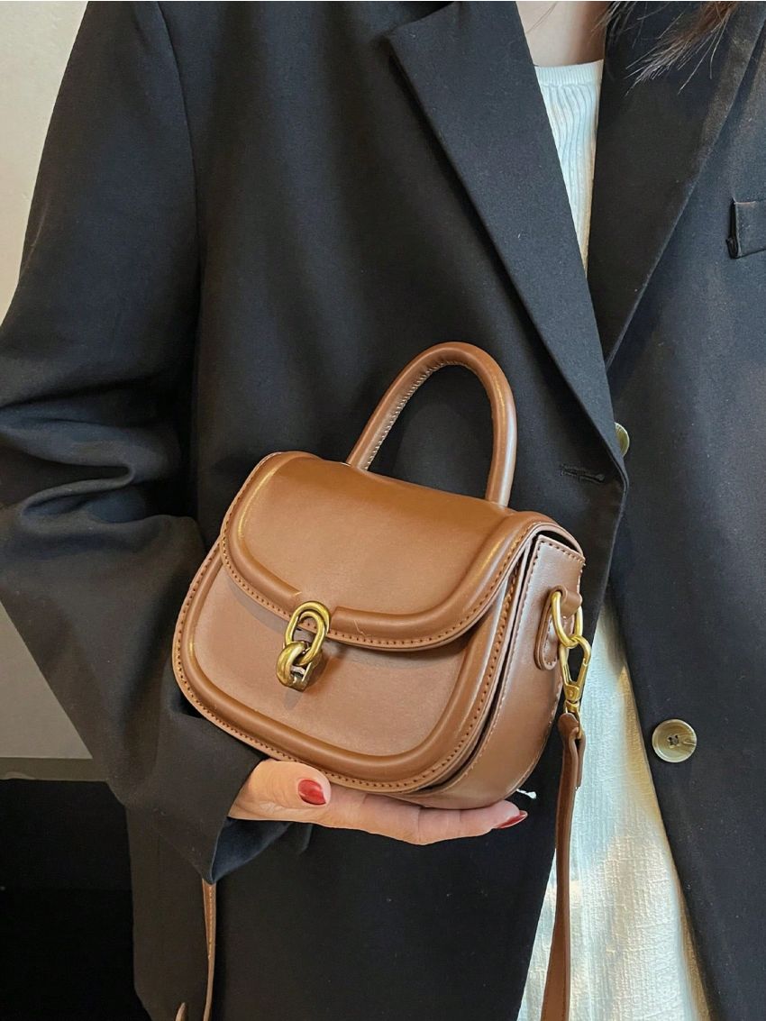 Mini Saddle Bag Metal Lock Top Handle Flap PU