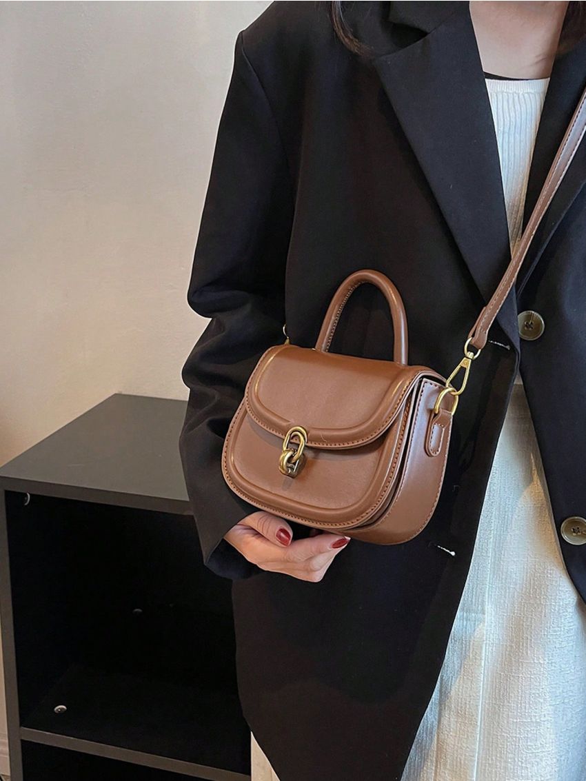 Mini Saddle Bag Metal Lock Top Handle Flap PU
