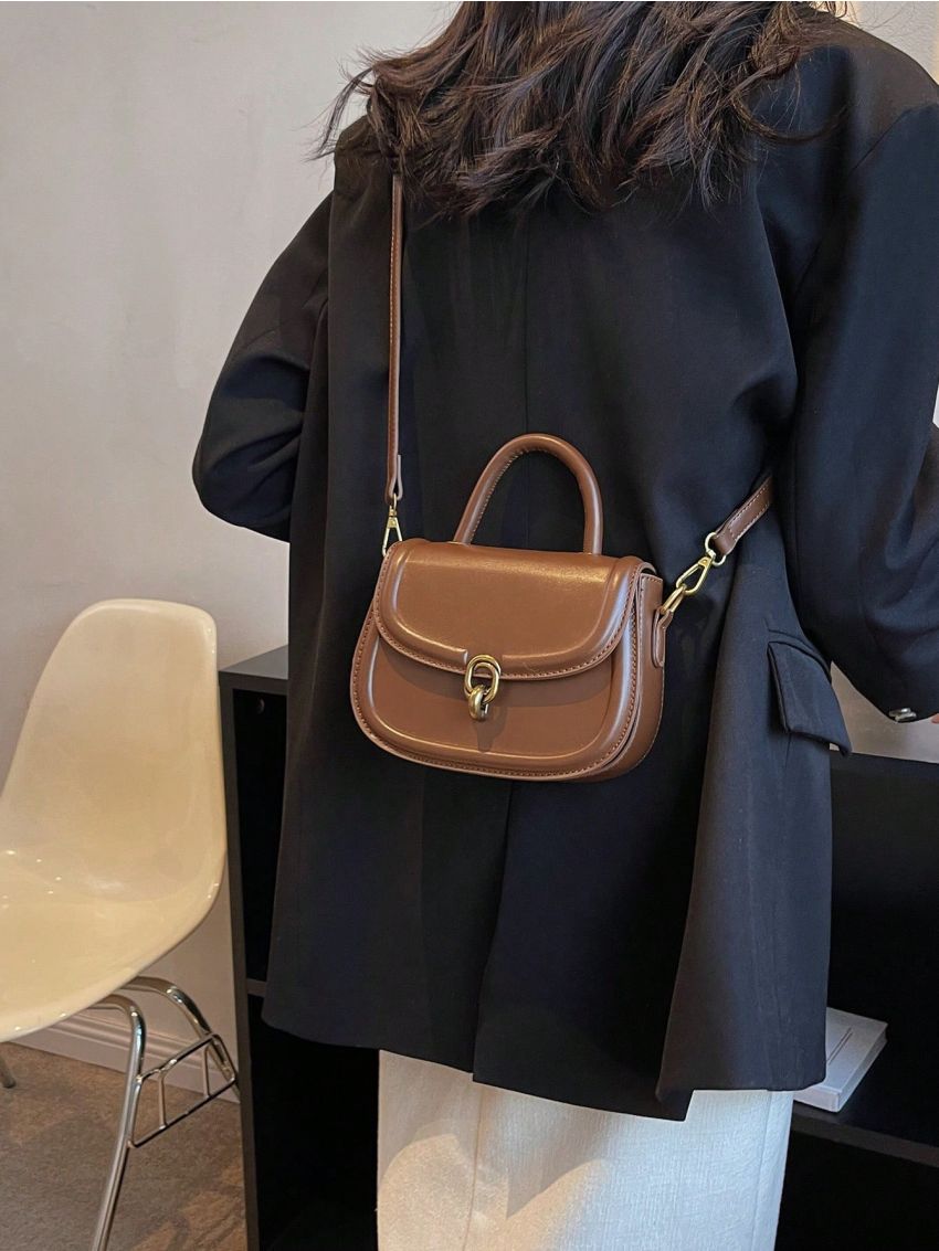 Mini Saddle Bag Metal Lock Top Handle Flap PU