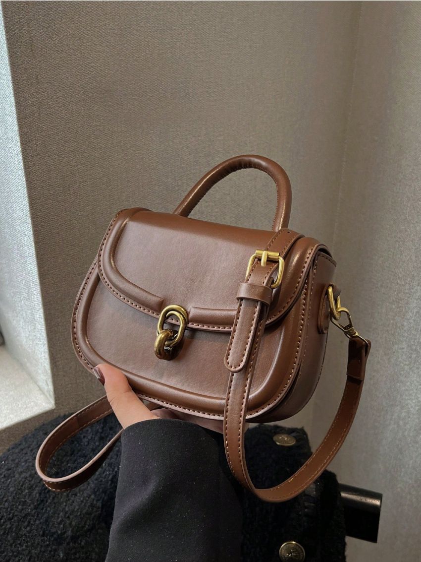 Mini Saddle Bag Metal Lock Top Handle Flap PU