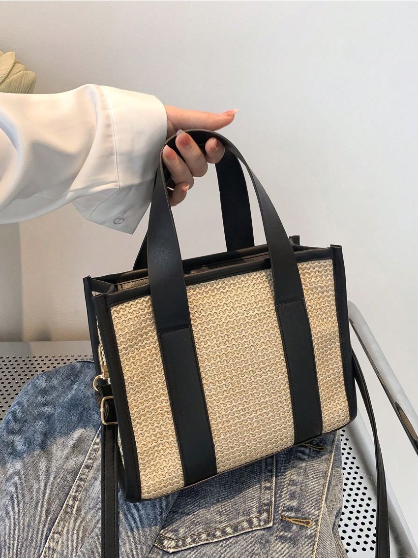 Small Zipper Straw Bag Vacation Braided Detail Adjustable-strap