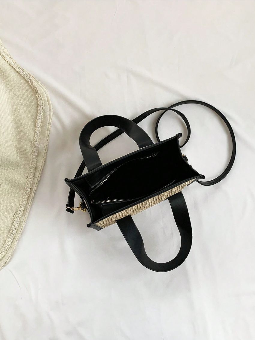 Small Zipper Straw Bag Vacation Braided Detail Adjustable-strap