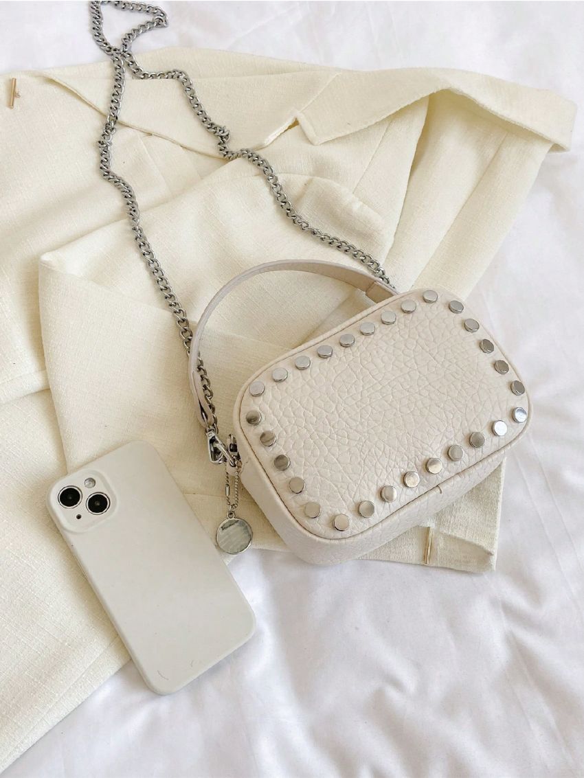 PU Square Bag Studded Decor Litchi Embossed Mini