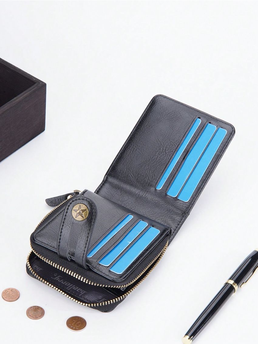 Letter Graphic Small Wallet Snap Button Zipper Vintage