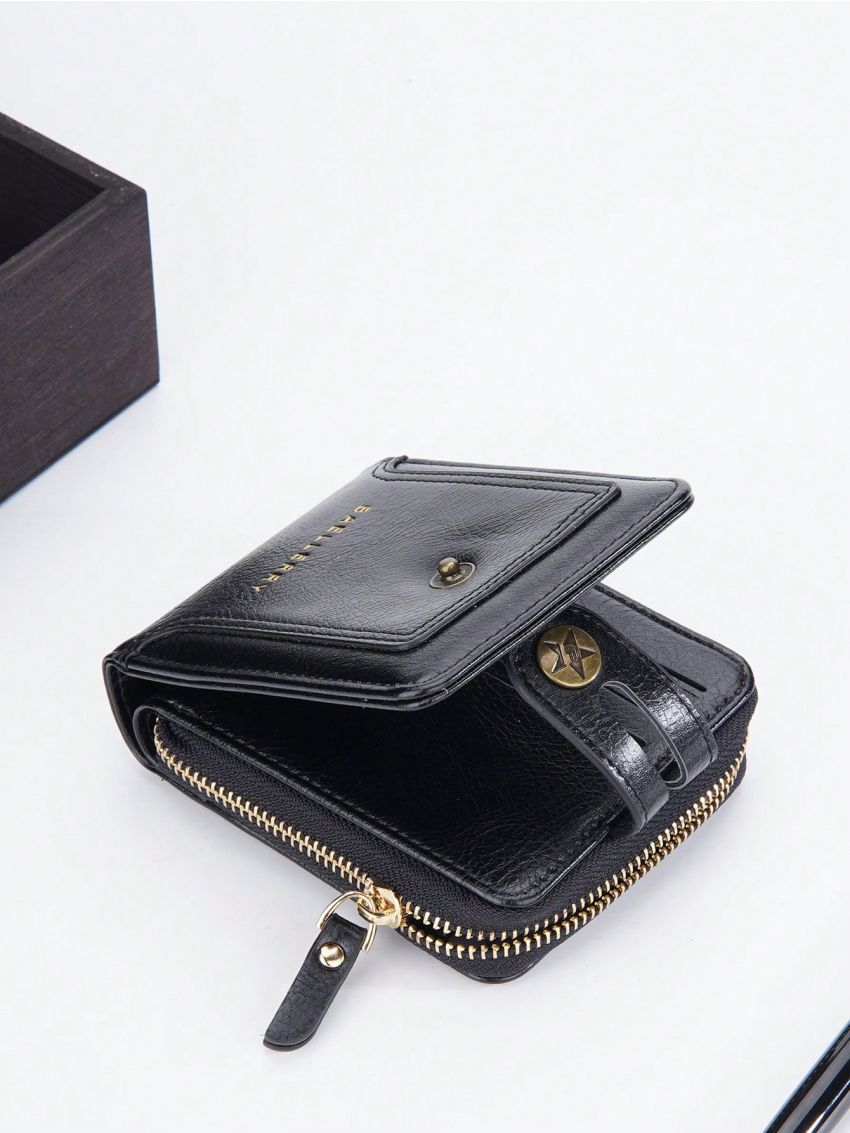 Letter Graphic Small Wallet Snap Button Zipper Vintage