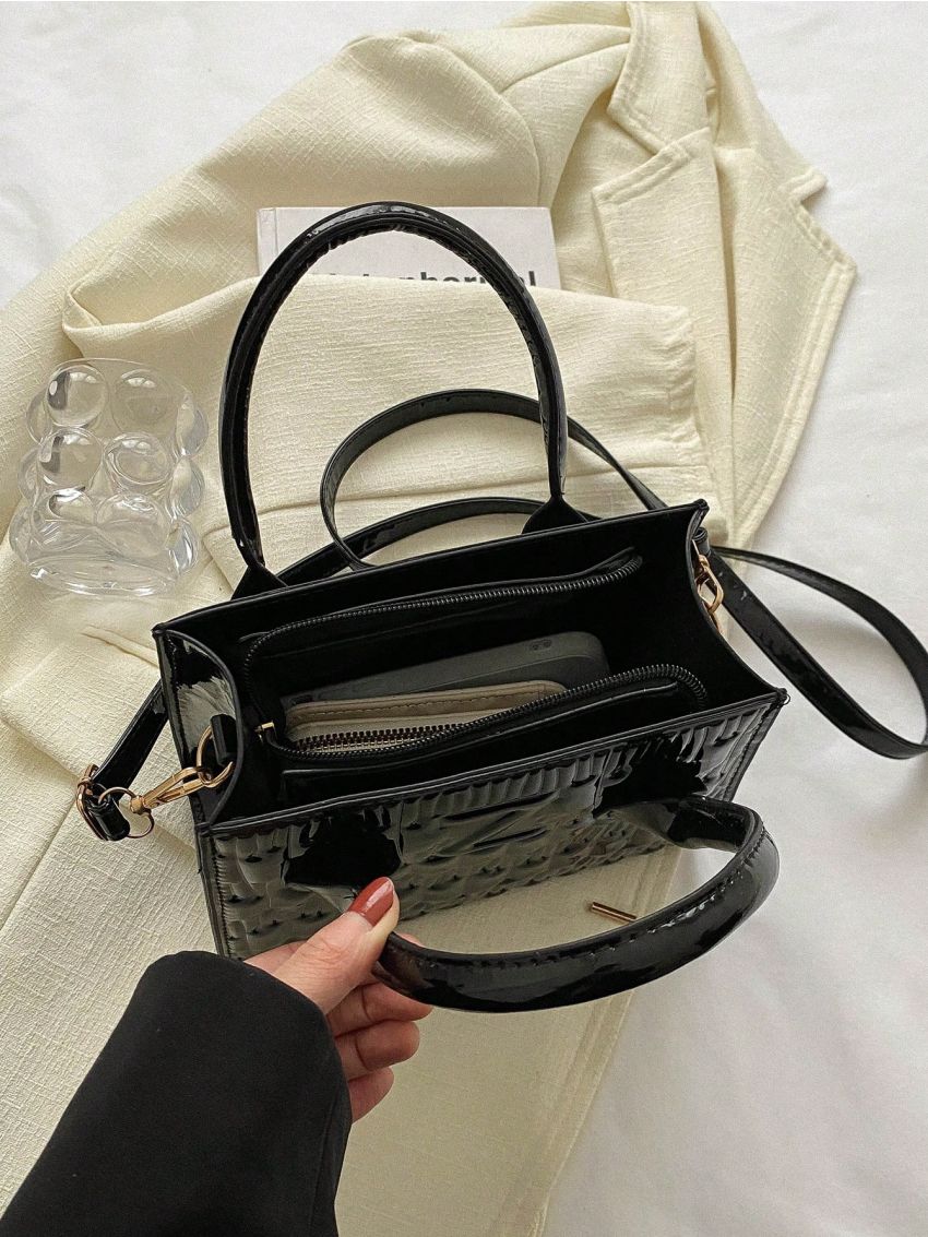 Letter Graphic Square Bag Small Black Double Handle