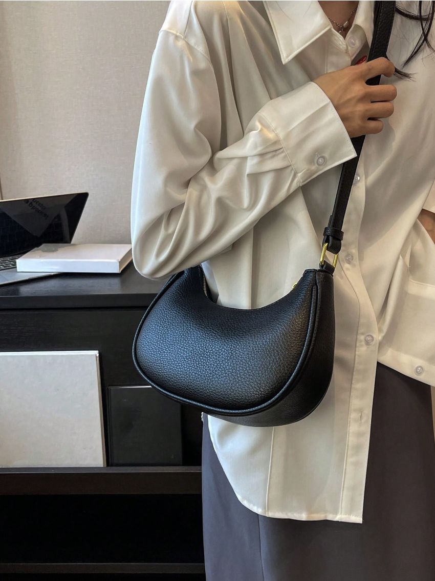 PU Hobo Bag Litchi Embossed Adjustable Strap