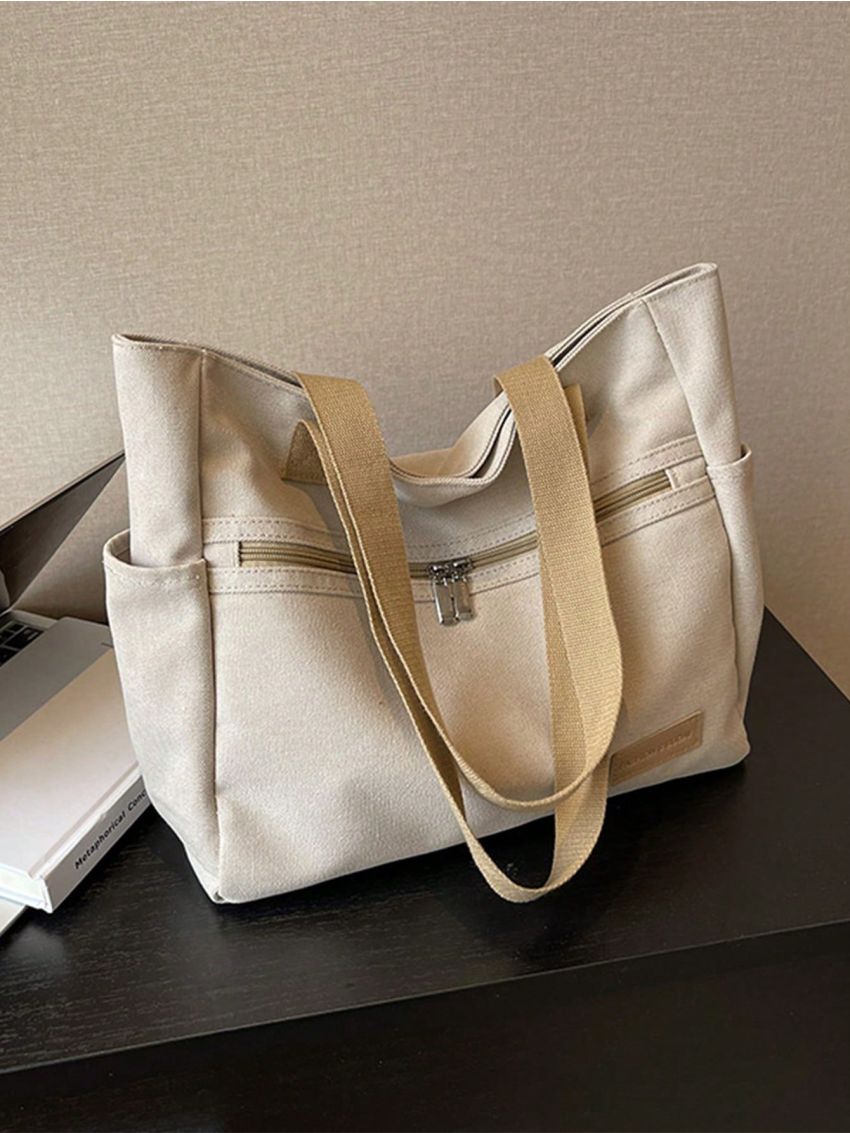 Large Capacity Tote Bag Letter Patch Decor Double Handle