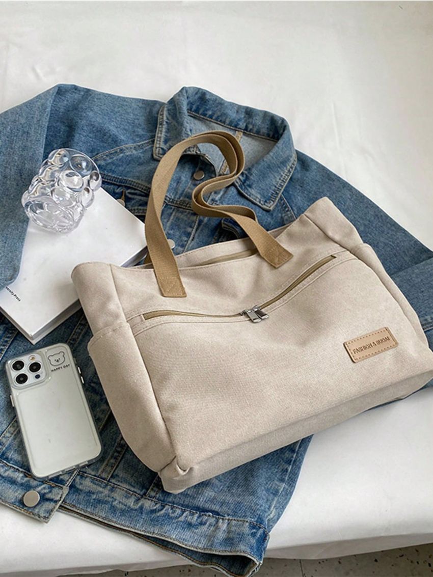 Large Capacity Tote Bag Letter Patch Decor Double Handle