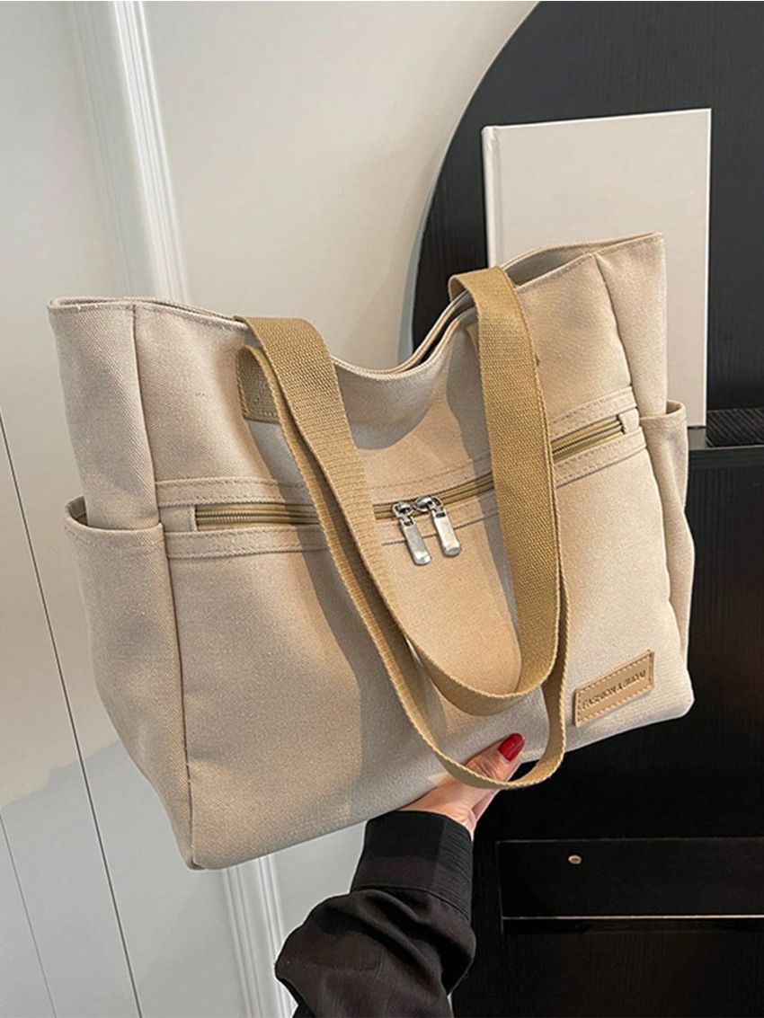 Large Capacity Tote Bag Letter Patch Decor Double Handle