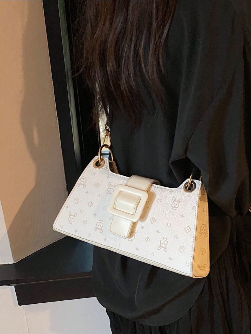 Rabbit Pattern Baguette Bag Buckle Decor PU