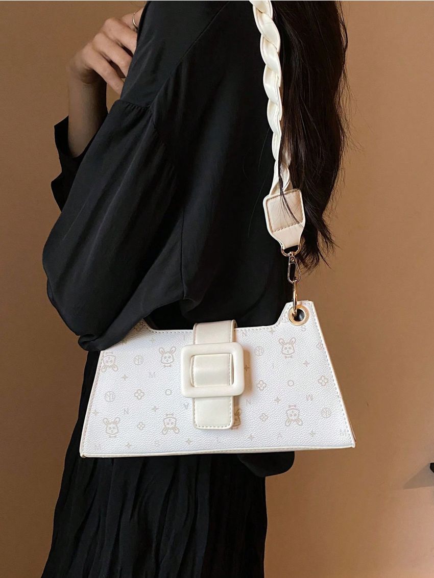 Rabbit Pattern Baguette Bag Buckle Decor PU