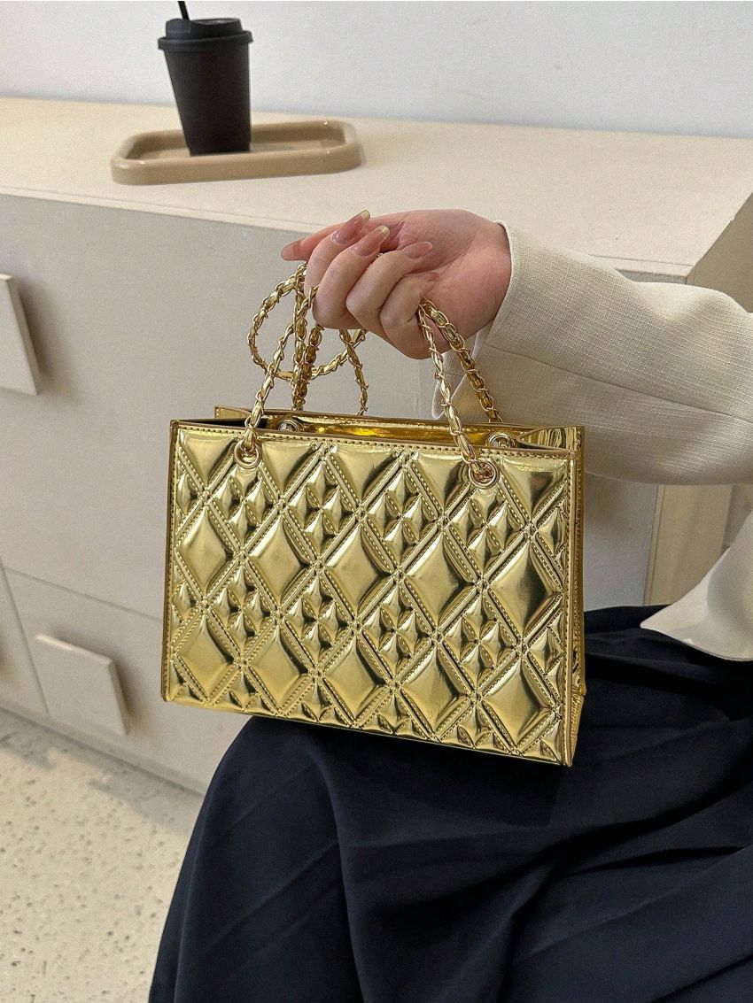 Small Square Bag Quilted Pattern Minimalist Black