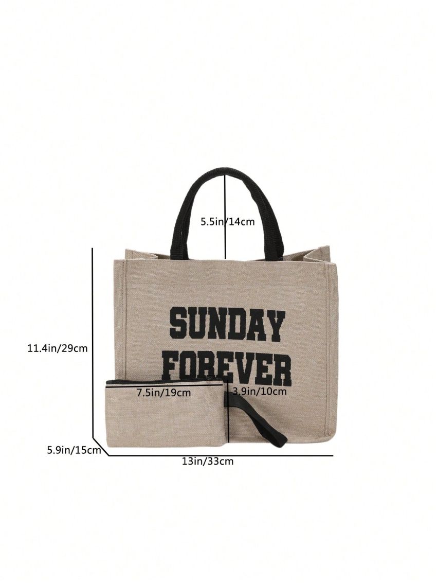 Letter Graphic Shopper Bag With Clutch Bag Linen